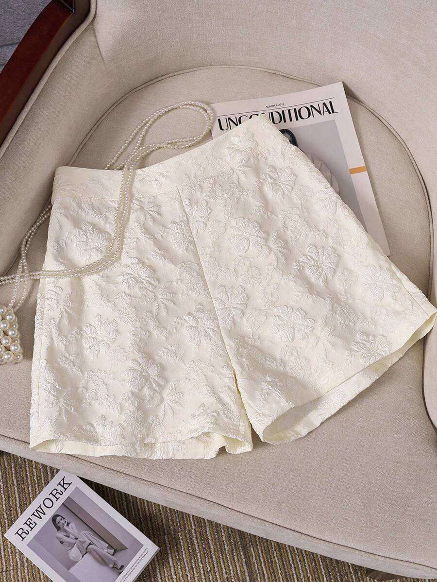 SHEIN LUNE 女士优雅纯色提花短裤，夏季 - 杏色 - 查看 1