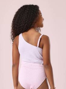 SUMWON Two Tone Asymmetrical One Piece Swimsuit Seersucker Textured Beach Pool Summer Swimming Training Athletic Youth - Multicolor - View 3