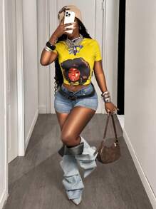 Slaydiva 2025 Neuer Sommer Lässig Street Reißverschluss Raglanärmel Kurzarm Portrait Frauenkopf Druck Englische Sloganbedruckung Ingwer Gelb Farbabsplitterung Braune Manschetten Slim Fit Damen T-Shirt-A