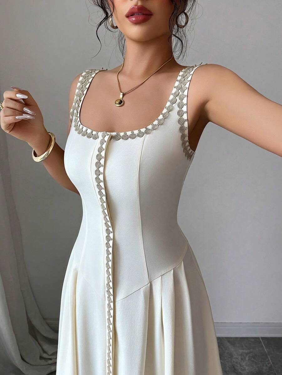 Elenzga Vestito elegante e raffinato in stile europeo e americano da donna per l'estate, senza maniche, con vita arricciata, orlo dorato con motivo floreale sulla parte anteriore aperta, adatto per uscite casual, feste e varie occasioni - Albicocca - Visualizzare 1