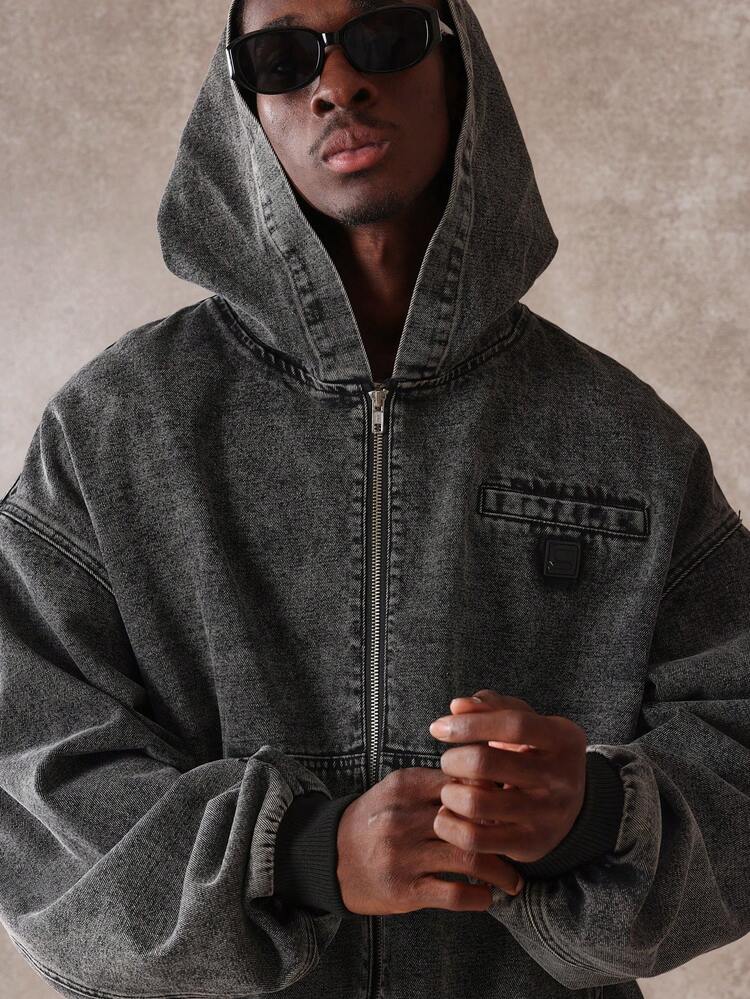 Hooded Oversized Vintage Style Stone Washed Denim Bomber Jacket