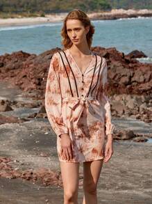 Lumivelle Vestido mini de manga larga con cuello en V y adorno de estampado floral para vacaciones para mujeres