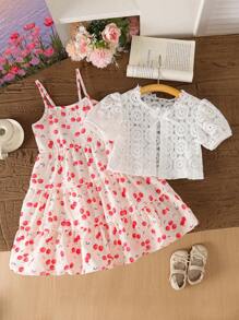 Young Girls 2pcs Outfit Cutout Short Sleeve Jacket, Ditsy Floral Strap Dress Young Girls Summer Clothes For Family Vacation, Matching Summer Commuter Style - Pink - View 5