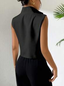 Rafferiza Summer Casual Solid Color Stand Collar Sleeveless Shirt - Black - View 2