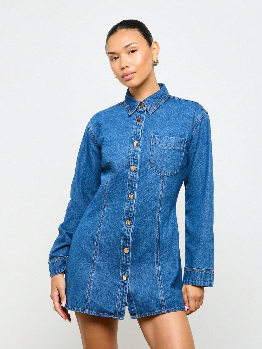 missguided denim shirt dress MISSGUIDED Oversized Denim Button Down Mini Dress With Cinched Waist MISSGUIDED