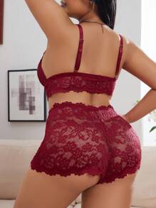 Snug Zone Plus Size Solid Color Lace Sexy Bra And Panty Lingerie Set , 2pcs - Burgundy - View 2