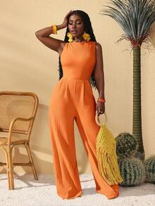 Slaydiva Women's Simple Casual Jumpsuits, Suitable For Music Festival, Easter, Nashville, Birthday Party, Graduation, Student Wear, Everyday Casual, Vacation, Cruise Travel, Beach, Sunbathing, Textured, Pleated, Blue, Spring/Summer Orange Jumpsuit Summer Jumpsuit Orange Outfit Women - Orange - View 3