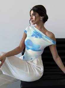 Firerie Áo thun ngắn tay lệch vai hở vai họa tiết chuyển màu tie-dye thanh lịch thiết kế ngày lễ tình nhân mới nhất, viền bất đối xứng, mùa xuân/hè - Màu xanh nhạt - Xem 3