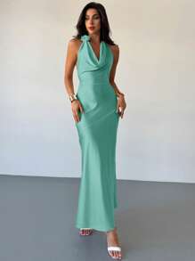 Firerie 全新优雅浪漫杏色缎面垂坠领口露背鱼尾长裙，适合约会之夜