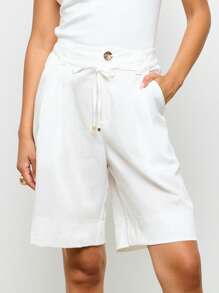 AiiRZ Linen Feel Tailored Bermuda Shorts Boardroom Resort Beach Drawstring Waist Professional Bottoms Spring Collection Office Casual Dressy,Linen Pants - White - View 4