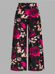 SHEIN CURVE+ Pantalon casual à taille haute et imprimé floral grande taille, style minimaliste pour un port quotidien, Saint-Valentin - Multicolore - Voir 1