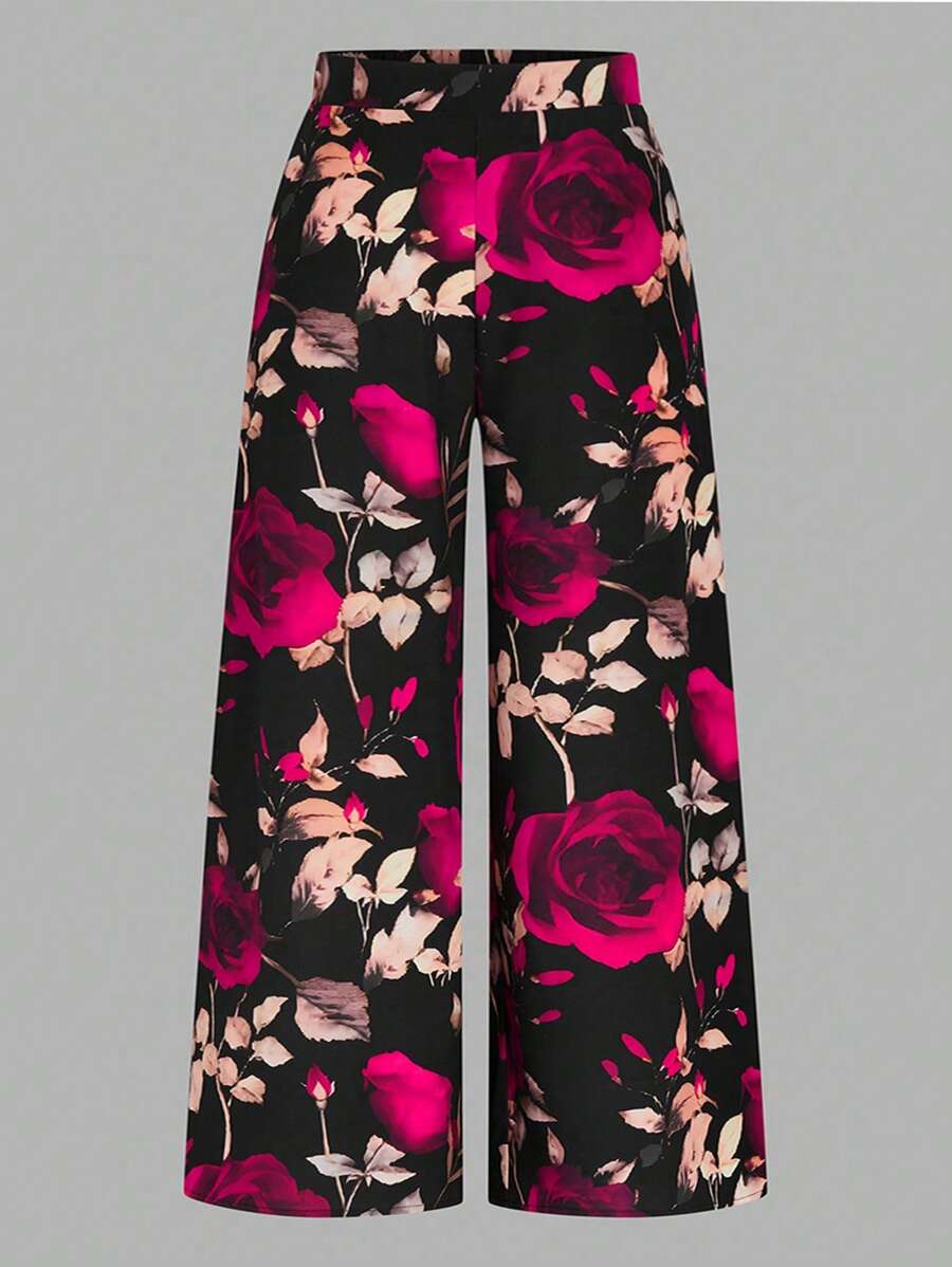SHEIN CURVE+ Pantalon casual à taille haute et imprimé floral grande taille, style minimaliste pour un port quotidien, Saint-Valentin - Multicolore - Voir 1