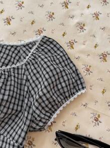 TEENGIRL Checkered Woven Casual Retro Style Short Sleeve Shirt, Summer