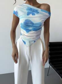 Firerie Áo thun ngắn tay lệch vai hở vai họa tiết chuyển màu tie-dye thanh lịch thiết kế ngày lễ tình nhân mới nhất, viền bất đối xứng, mùa xuân/hè - Màu xanh nhạt - Xem 4