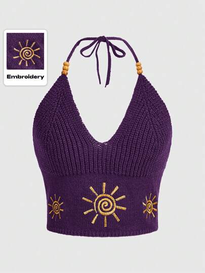 Hippie Women's Fashionable Sun Embroidery Tie-Up Knit Tank Top
