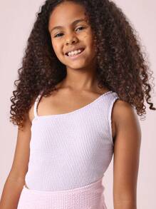 SUMWON Two Tone Asymmetrical One Piece Swimsuit Seersucker Textured Beach Pool Summer Swimming Training Athletic Youth - Multicolor - View 4