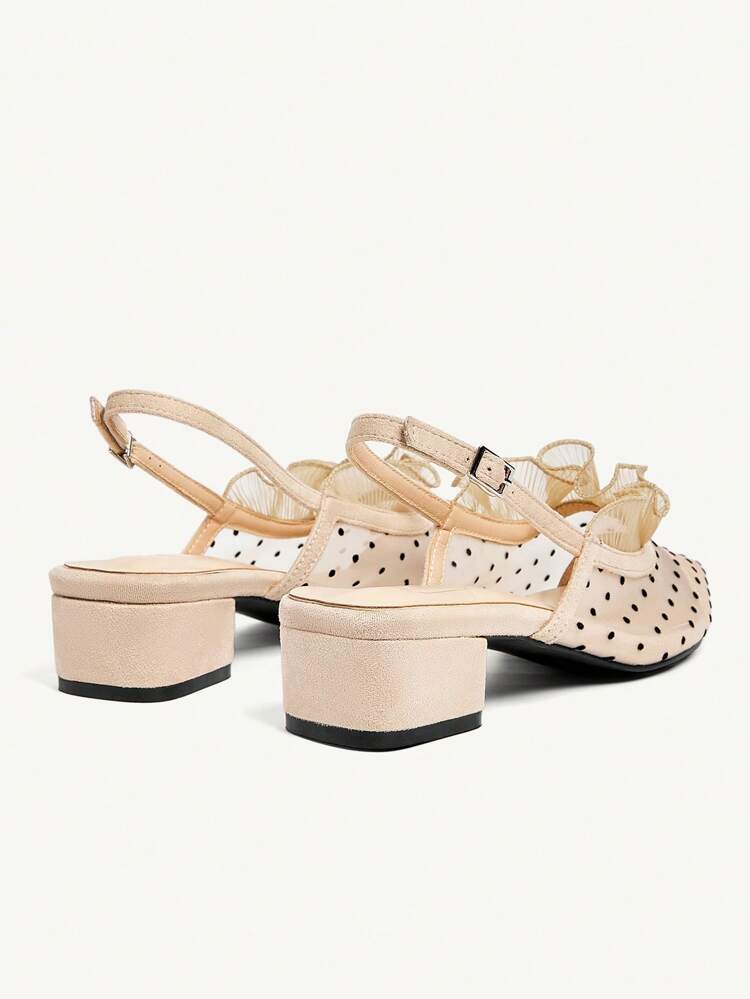 CUCCOO CHICEST Apricot Polka Dot Mesh Sexy Elegant Fairy Style Breathable Low Heel Backless Slip-On Flat Women Shoes Elegant Shoes Wedding Shoes Summer Shoes Bride Shoes