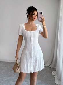 Airlisse Vestido francés elegante de manga corta con parche de encaje de unicolor para mujer