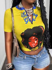 Slaydiva 2025 Neuer Sommer Lässig Street Reißverschluss Raglanärmel Kurzarm Portrait Frauenkopf Druck Englische Sloganbedruckung Ingwer Gelb Farbabsplitterung Braune Manschetten Slim Fit Damen T-Shirt-A