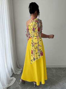 Elenzga Gaun Maxi Wanita Elegan dengan Leher Asimetris, Bordir Jala, dan Hem Mengembang, Pakaian Sehari-hari Serbaguna, Musim Semi/Panas - MultiWarna - View 2
