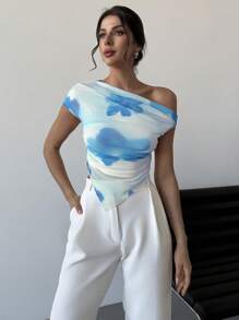 Firerie Áo thun ngắn tay lệch vai hở vai họa tiết chuyển màu tie-dye thanh lịch thiết kế ngày lễ tình nhân mới nhất, viền bất đối xứng, mùa xuân/hè - Màu xanh nhạt - Xem 5