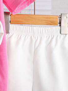 2pcs Young Girls 3D Bow Letter Print Split Hem T-Shirt And Minimalist Casual Shorts Set - Multicolor - View 3