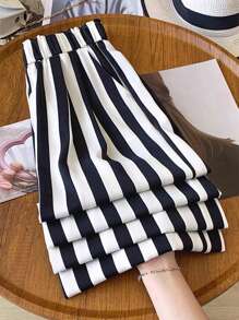 SHEIN Clasi Quần âu sọc đen trắng mới về mùa hè cho nữ (In ngẫu nhiên) - Đen và trắng - Xem 1