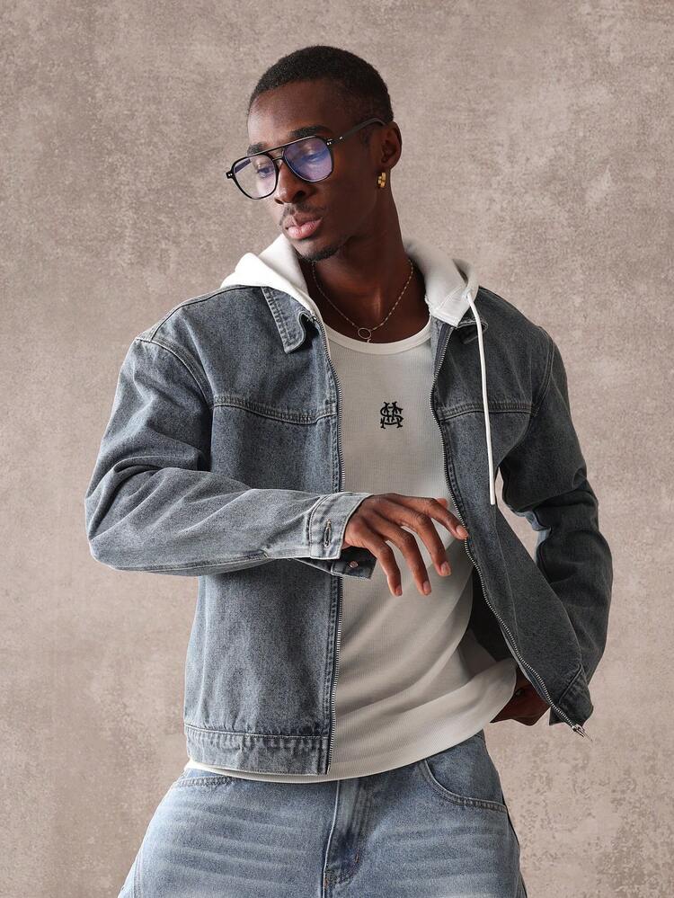 SUMWON Classic Denim Trucker Jacket With Hoodie Insert Distressed Style Winter Outerwear Street Style Layered Look Urban Fashion Statement