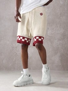 SUMWON 针织格纹袖口抽绳运动短裤篮球健身运动休闲夏春复古宽松格纹赛车短裤