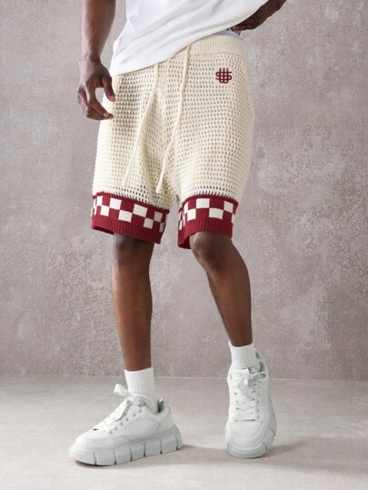 SUMWON 针织格纹袖口抽绳运动短裤篮球健身运动休闲夏春复古宽松格纹赛车短裤