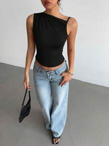 Aloruh 女式性感优雅圆领褶皱短款黑色背心，无袖 - 黑色 - 查看 4