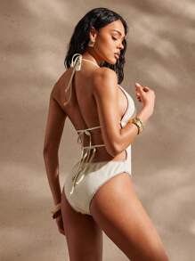 Hauture Costume da bagno di una pezza da donna per l'estate, con punti a frusta marrone e perline di legno