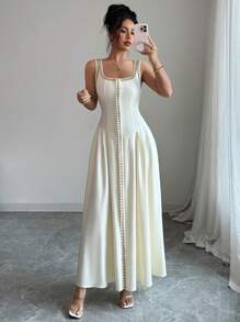 Elenzga Vestito elegante e raffinato in stile europeo e americano da donna per l'estate, senza maniche, con vita arricciata, orlo dorato con motivo floreale sulla parte anteriore aperta, adatto per uscite casual, feste e varie occasioni - Albicocca - Visualizzare 4