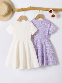 Elladie kids 2件組少女休閒彩色彩虹愛心印花短袖洋裝套裝，夏季女孩休閒洋裝 - 彩色 - 查看 2