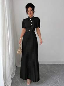 Elenzga Halloween Costume Elegant Romantic Dress For Women, Chiffon Flutter Sleeve, Stand Collar, Cinching Waist, Button Decor, Pleated Craft - Black - View 6