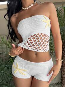 Aloruh Top tubo ajustado de mujer tejido a ganchillo con diseño calado de estrella de mar, para usar en festivales - Blanco - Ver 8