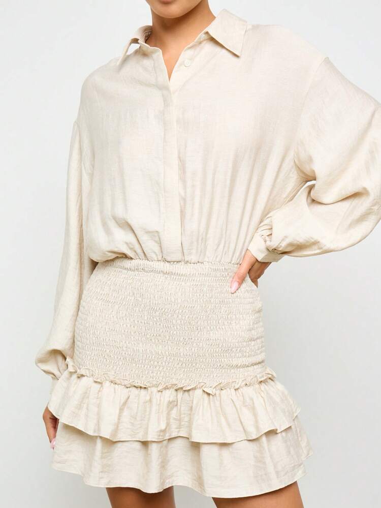 AiiRZ Smocked Waist Long Sleeve Button Down Ruffle Hem Mini Dress Fall Winter Spring Holiday Party Modern Fashion Statement Piece
