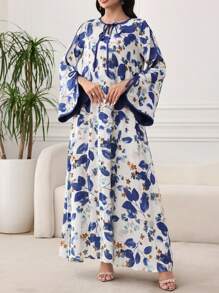 Al Najma 女士植物印花圆领撞色喇叭袖宽松连衣裙 - 寶藍色 - 查看 7