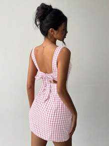 Aloruh Y2K 风格可爱少女红白格子迷你吊带背心连衣裙