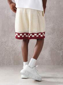 SUMWON 针织格纹袖口抽绳运动短裤篮球健身运动休闲夏春复古宽松格纹赛车短裤