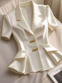 SHEIN Clasi Plus Size Women Solid Color Lapel Neck Short Puff Sleeve Elegant Blouse - White - View 1