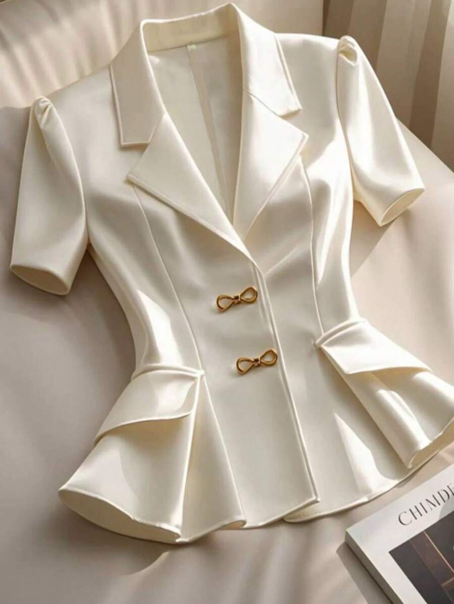 SHEIN Clasi Plus Size Women Solid Color Lapel Neck Short Puff Sleeve Elegant Blouse - White - View 1