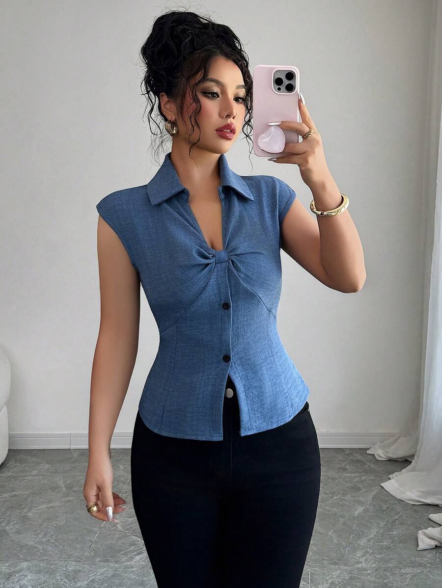 Elenzga 蝴蝶结牛仔效果设计衬衫