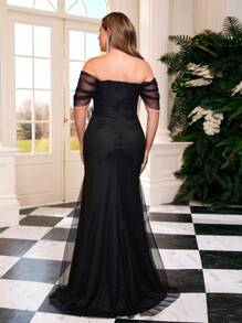 Glamrae Plus Size Elegant Black Formal Dress With Off Shoulder, Lace Splicing, Mesh Fabric, Ruched Design, Party Dress, Gown, For Evening, Wedding Guest - Black - View 6