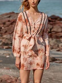 Lumivelle Vestido mini de manga larga con cuello en V y adorno de estampado floral para vacaciones para mujeres