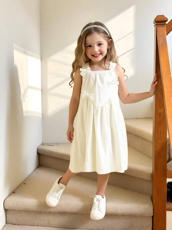 SHEIN Girls' Casual Cute Simple Bow Strap Sundress, Suitable For Daily Outings