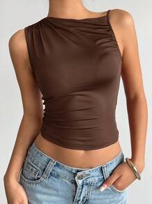 Aloruh Top corto senza maniche con scollo tondo arricciato, elegante e sensuale, da donna