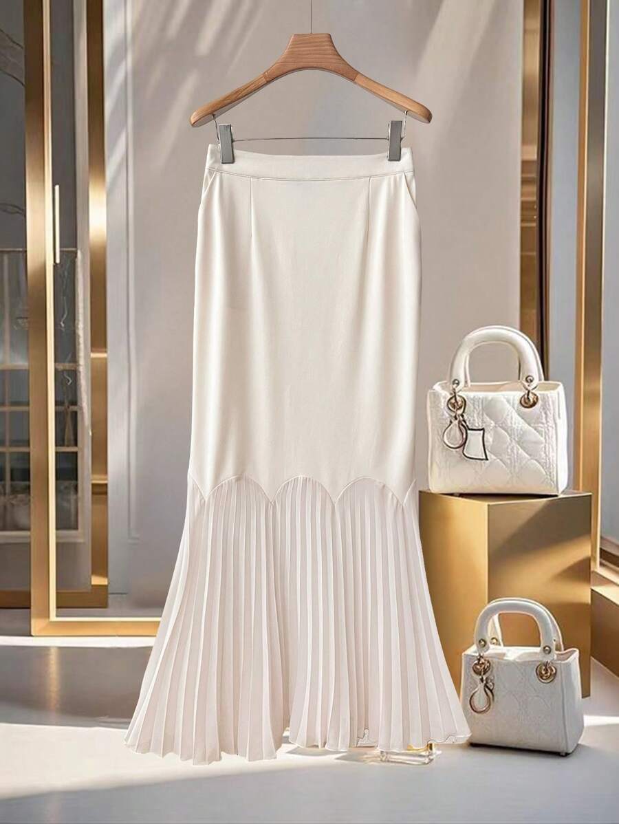 SHEIN Clasi Women's New Chiffon Patchwork Elegant Pleated Skirt, Summer Fall Cloth For Women