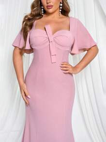 SHEIN Belle Plus Size Bowknot Decorated Puff Sleeve Dress, Chiffon Pleated Fabric Patchwork Knitted Fabric, Elegant Bridesmaid Dress In Pink - Pink - View 2