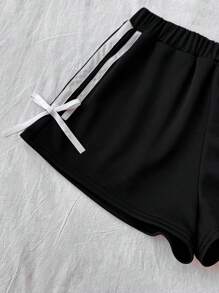 SHEIN Teengirl 黑色学院风休闲纯色宽松短裤，撞色白色抽绳蝴蝶结装饰，休闲甜美户外短裤 - 黑色 - 查看 7